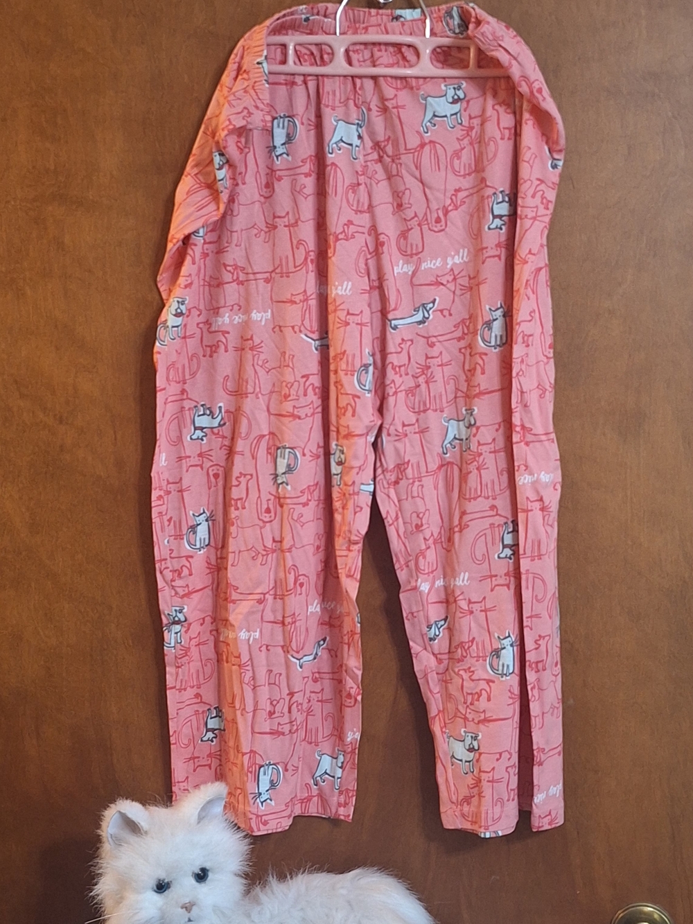 HUE Pink Cat-Print Pajama Pants with Blue & White Cat Accents